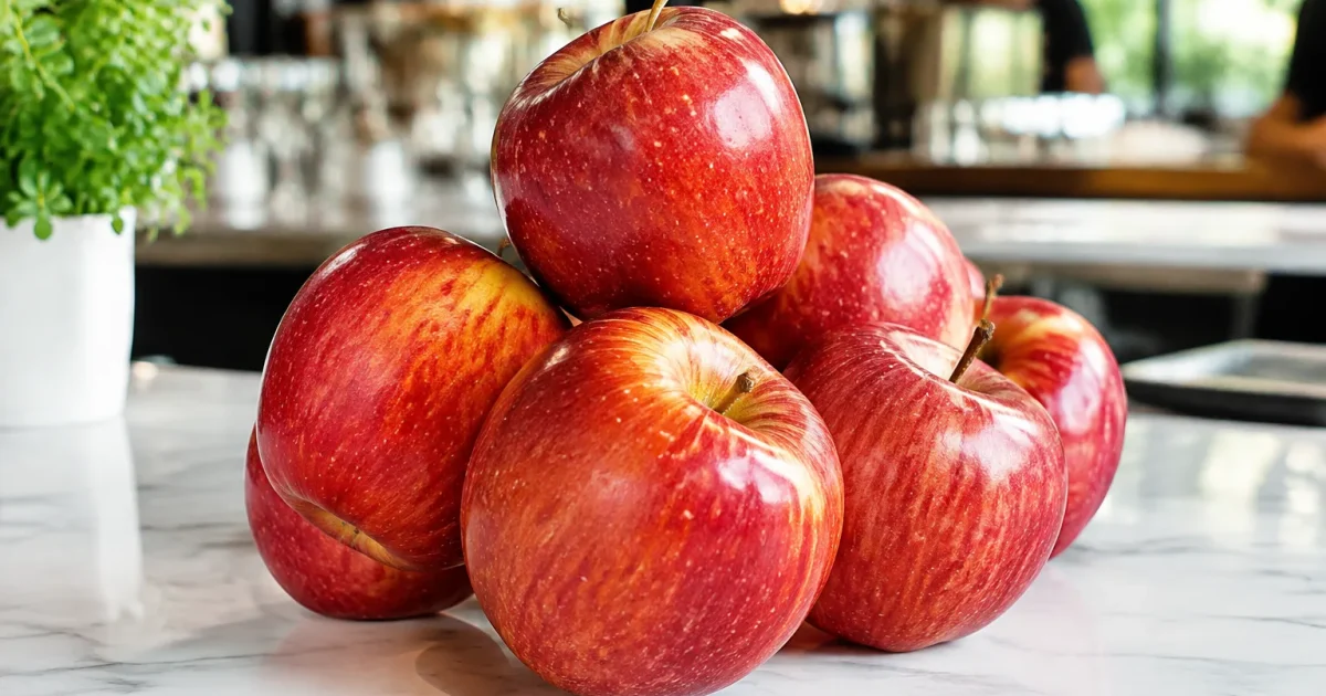 Pommes rouges empilees sur comptoir blanc restaurant