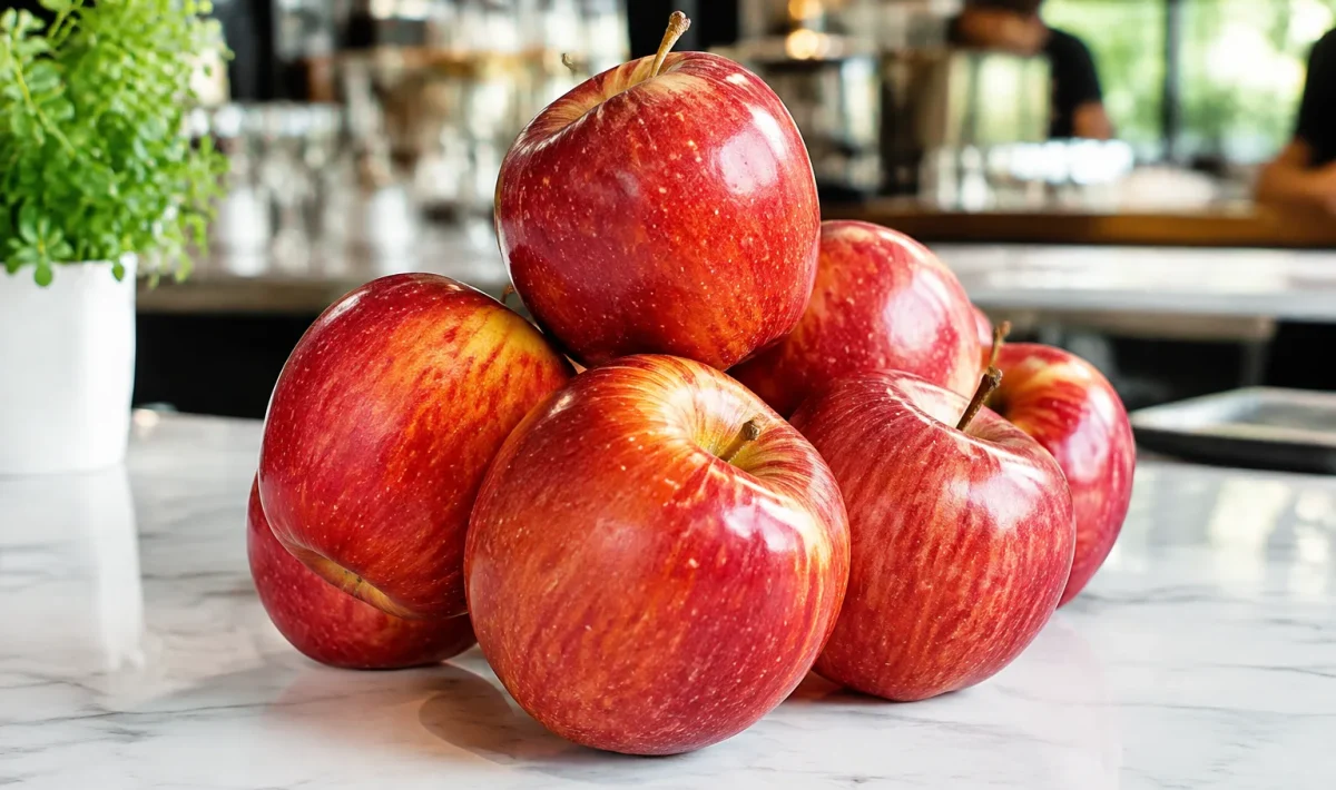 Pommes rouges empilees sur comptoir blanc restaurant