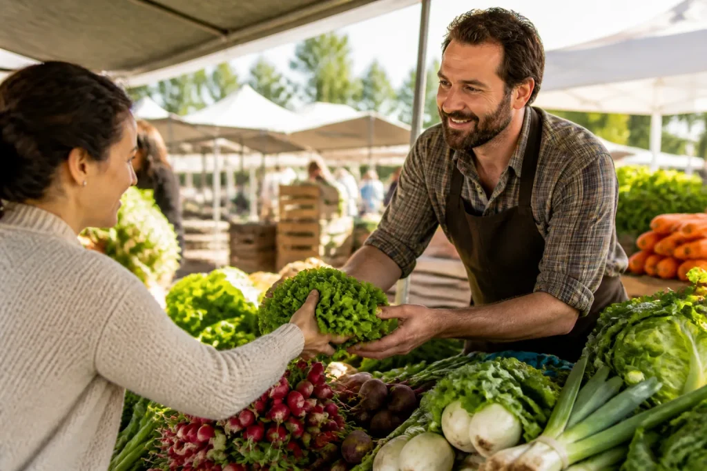Producteur legumes frais mains dialogue consommateur