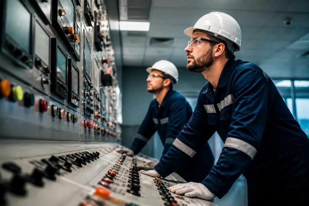 Techniciens inspectant panneaux instruments salle de controle